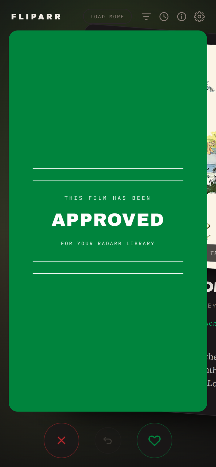 Green approved verdict card shown while swiping a movie right to add it to Radarr