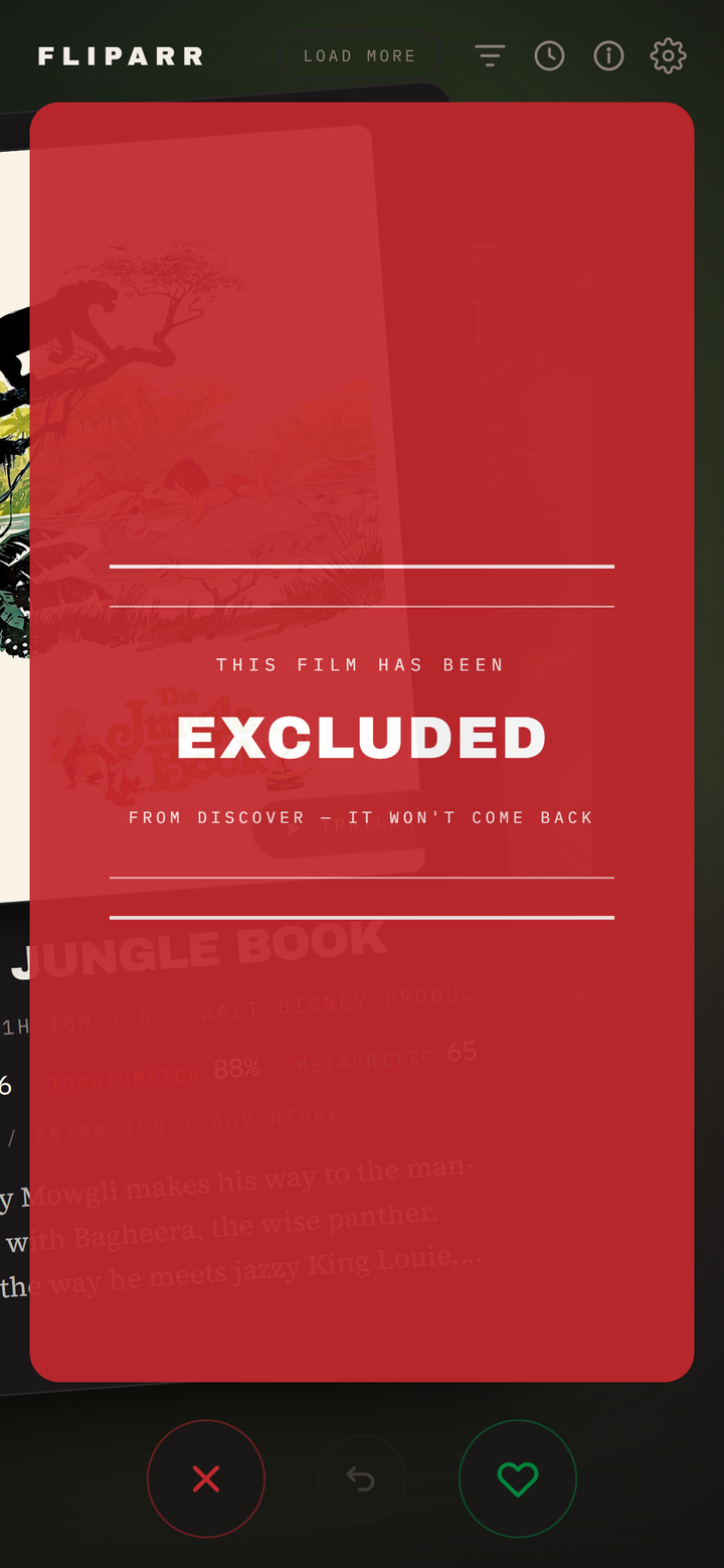 Red excluded verdict card shown while swiping a movie left to exclude it from Radarr