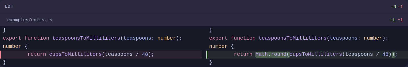 A compact diff card with a custom theme