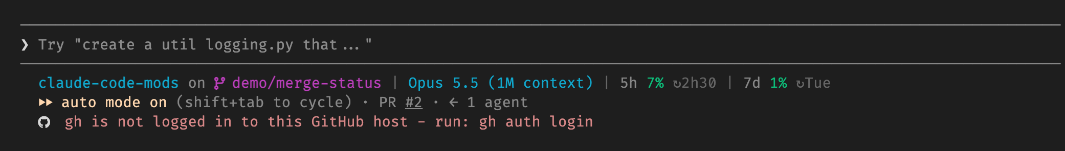 The row says gh is not logged in and how to fix it