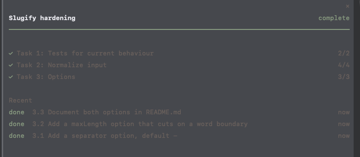 A finished plan: all three tasks ticked and the header says complete