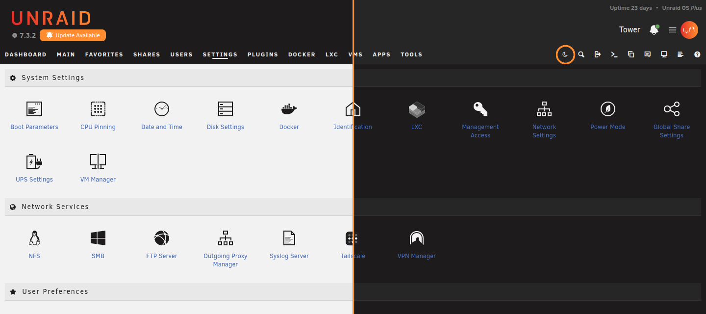 The same Unraid Settings page split down the middle: light theme on the left, dark on the right, with the toggle circled in the top toolbar