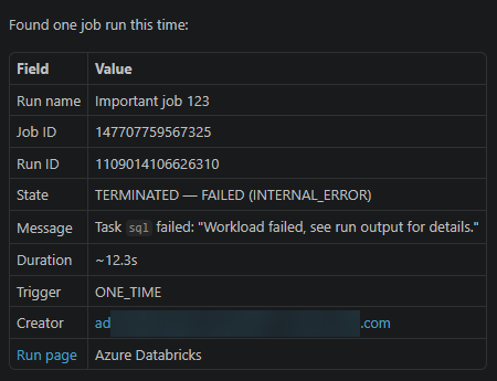 Copilot showing details of a failed job run