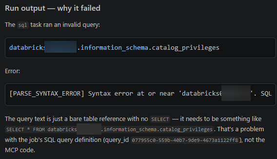 Copilot explaining the run output and the failing SQL query