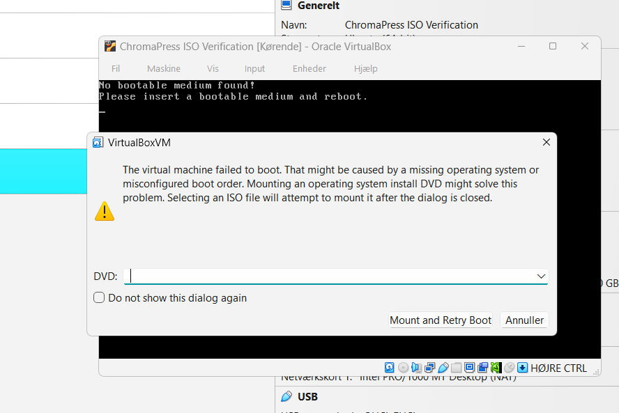VirtualBox machine settings for ChromaPress ISO verification