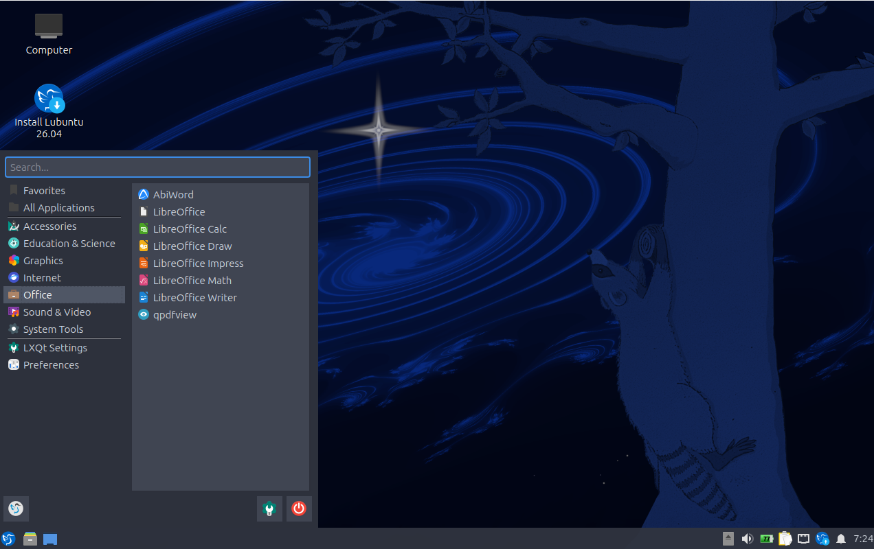 AbiWord visible in the live system Office menu
