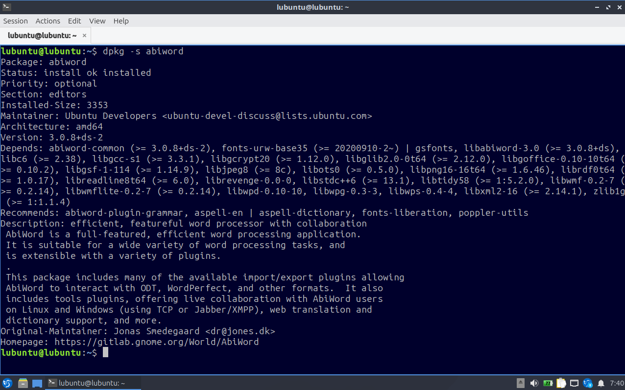 AbiWord package status verified in the generated live ISO