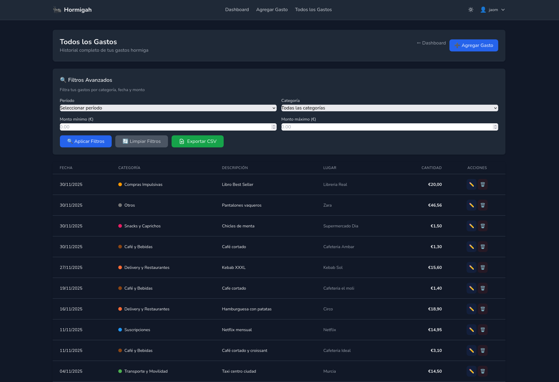 Lista de Gastos Dark Desktop