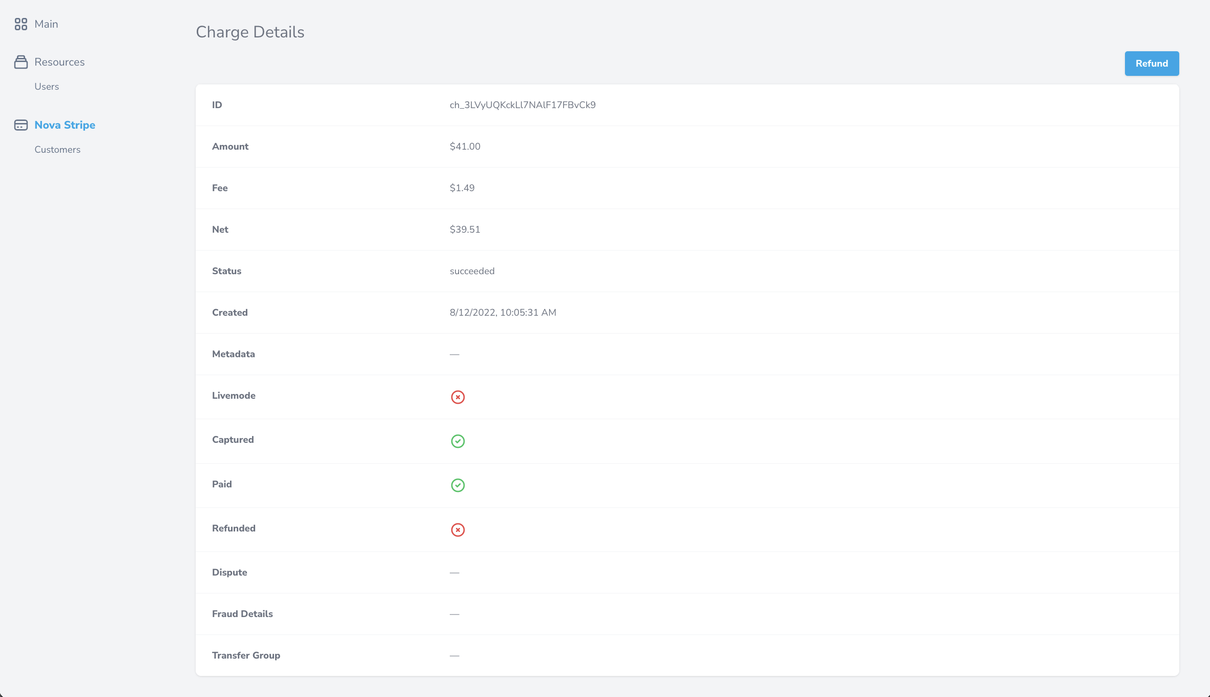 Charge detail page