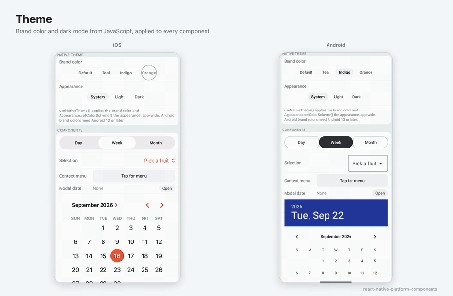 Showreel: the native theme changing brand color and switching to dark mode, then DatePicker, TextField, SegmentedControl, Button, ContextMenu, SelectionMenu, FloatingToolbar and LiquidGlass in use, iOS on the left and Android on the right