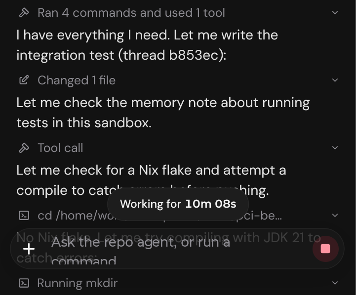 Composer and working pill covering the newest transcript line on Android