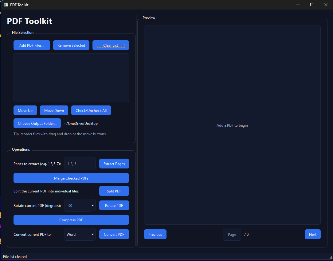 PDF Tool main interface with merge, split, and rotate controls