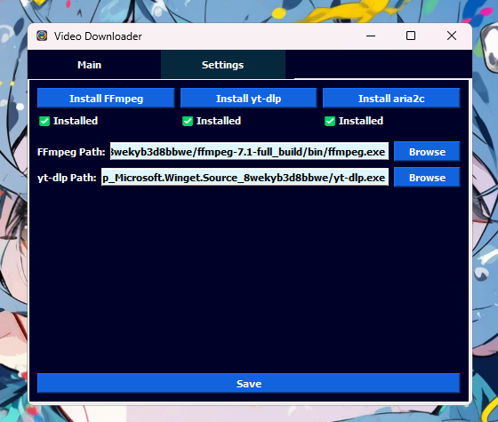 Settings pane for the Video Download App with output and post-processing options