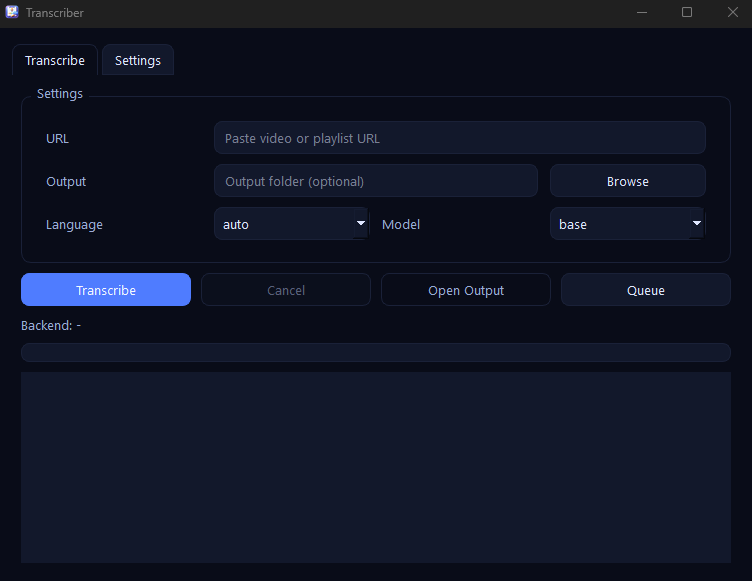 Main window screenshot showing transcription controls and progress