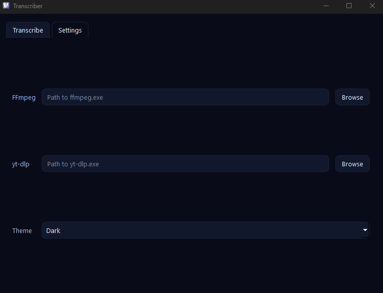 Settings screenshot showing backend and theme configuration