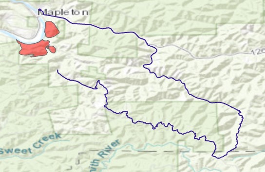 image of generated route between two points in Mapleton Oregon that avoids a wildfire