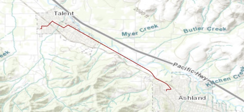 image of generated route between the towns of Ashland and Talents in the state of Oregon