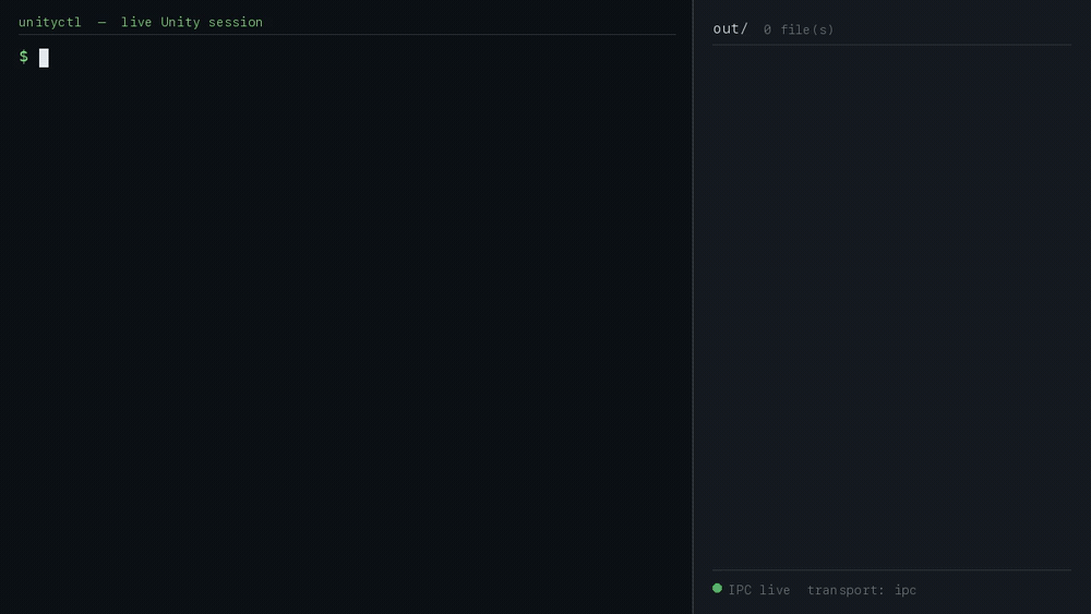 Live unityctl session: status, scene hierarchy, mesh create-primitive, gameobject find, screenshot capture — every response written to out/ as an artifact