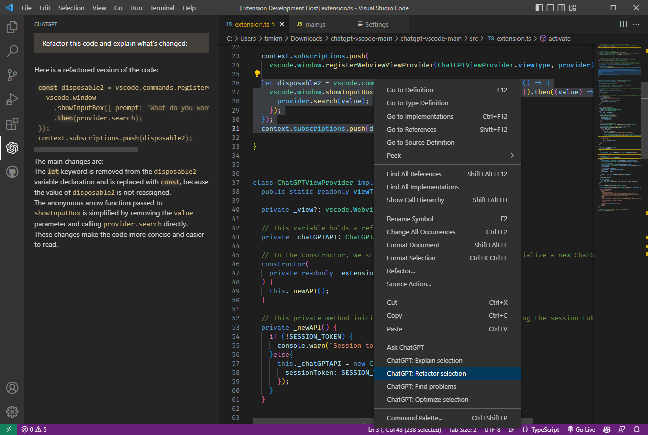 Refactoring selected code using chatGPT