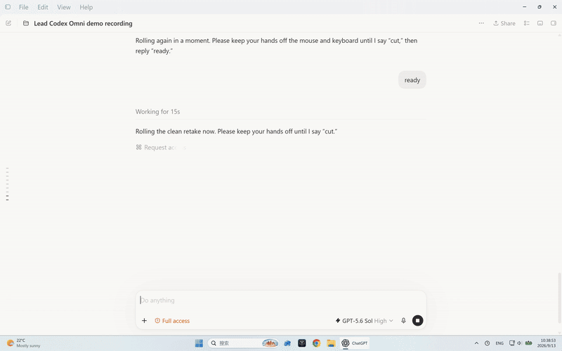 Codex on Windows: the Codex window shrinks to the corner, the glow and pill appear, and the agent types into a fresh VS Code window