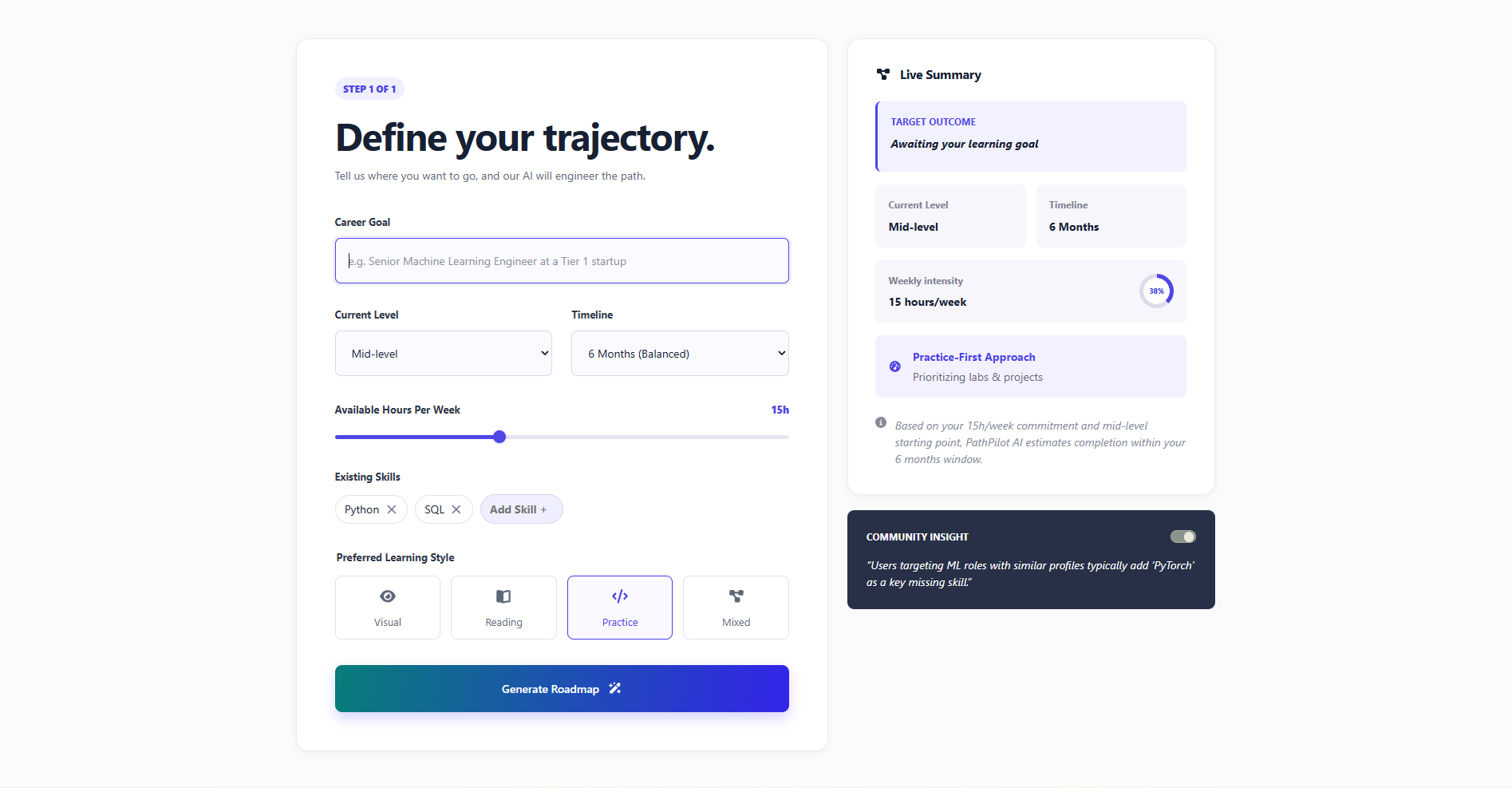 Create Journey form with learner profile inputs and live summary