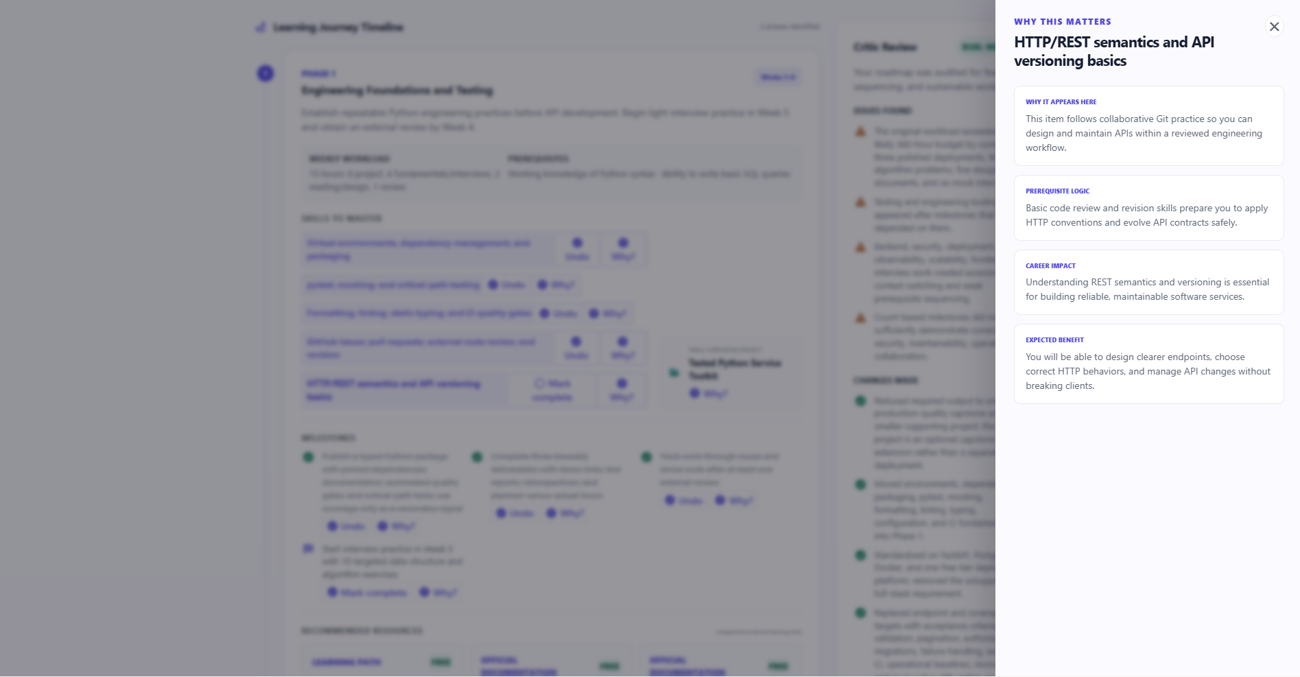 Explain Why panel with contextual roadmap recommendation guidance