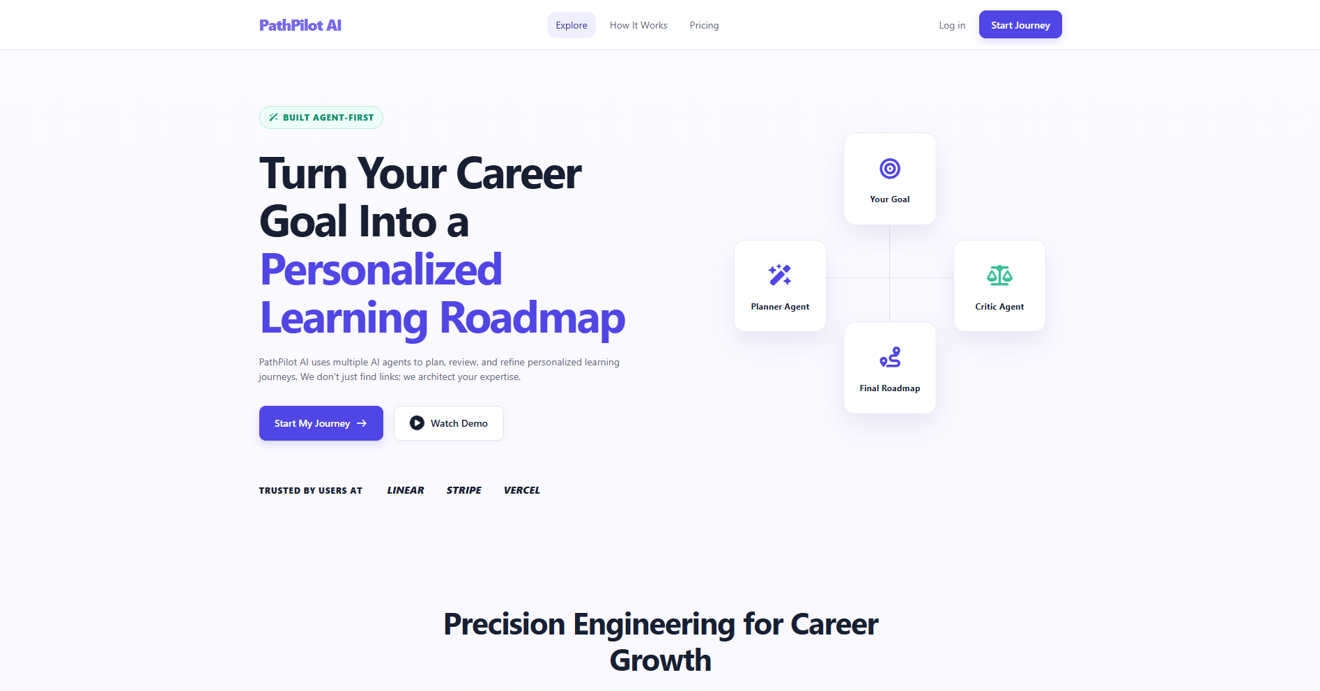PathPilot AI landing page with learning-roadmap value proposition and agent workflow