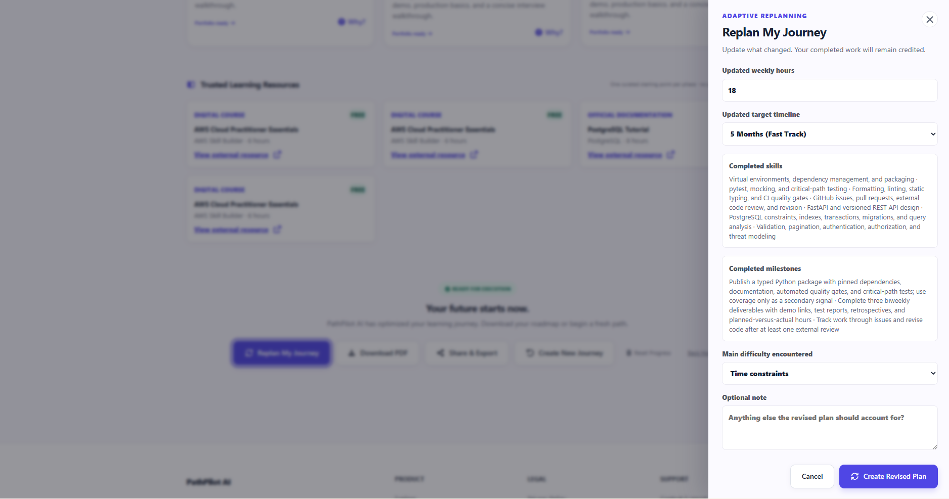 Adaptive Replanning panel with updated constraints and completed work