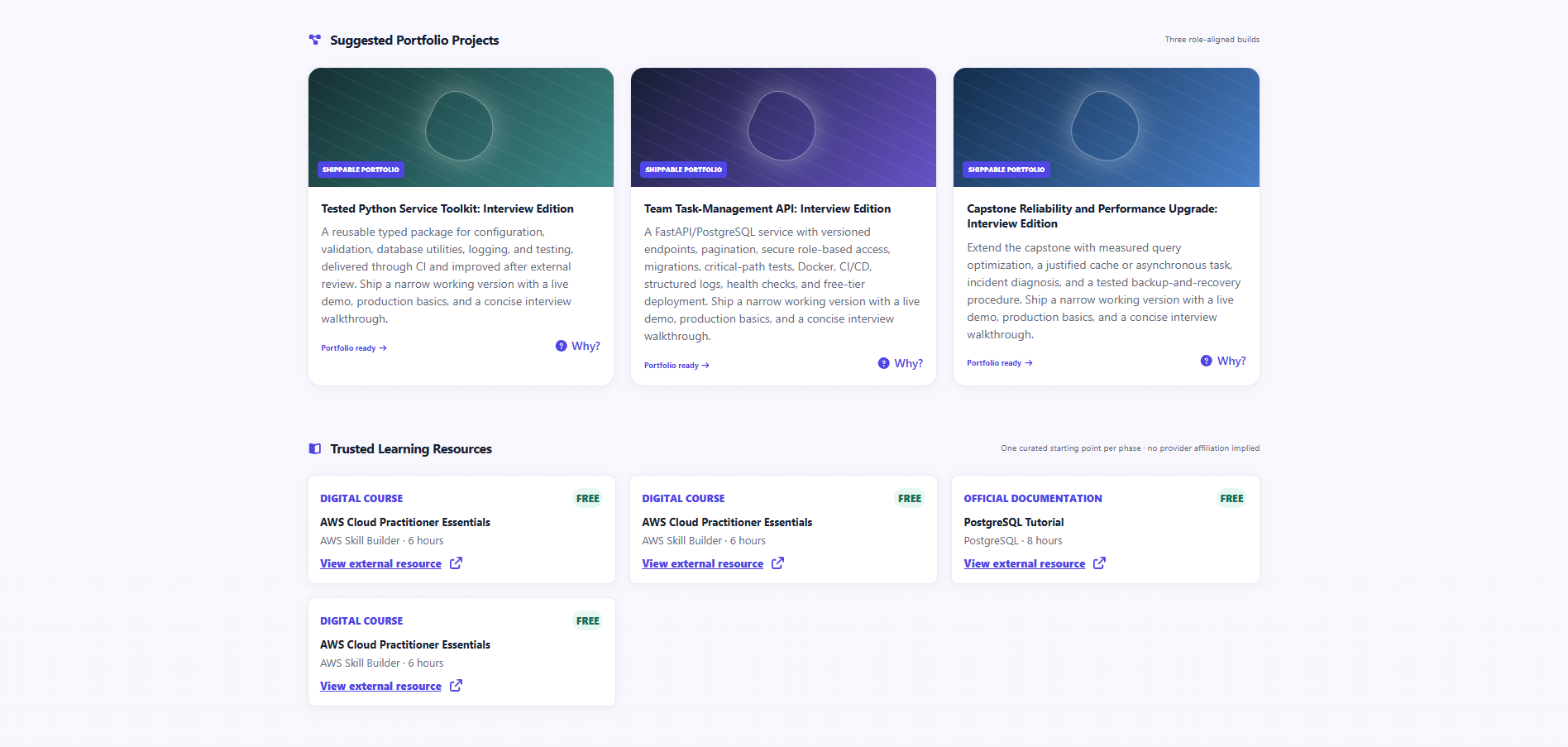 Trusted learning-resource recommendations matched to roadmap phases