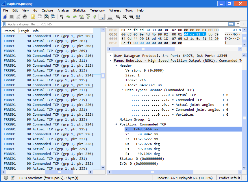 Screenshot of Wireshark dissecting the sample capture