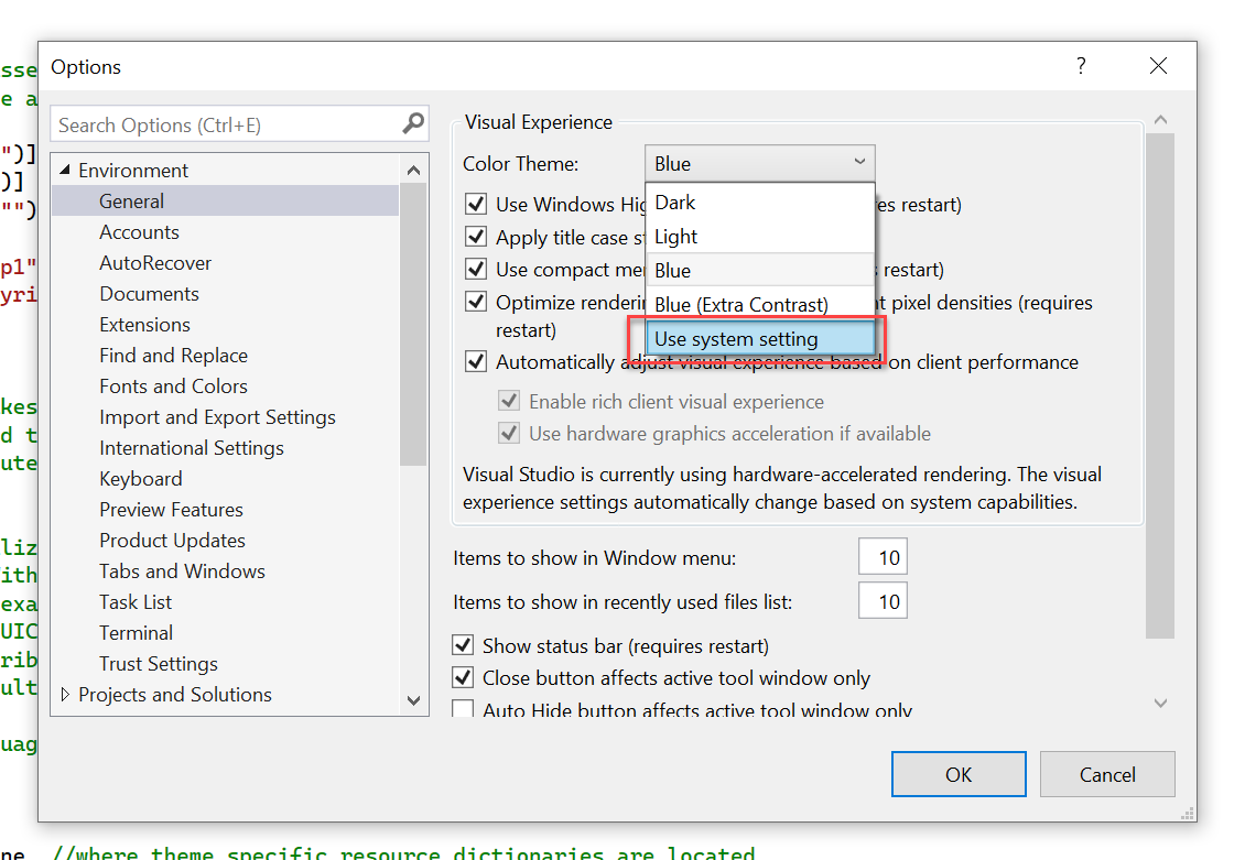 Visual Studio 2022 built in theme settings