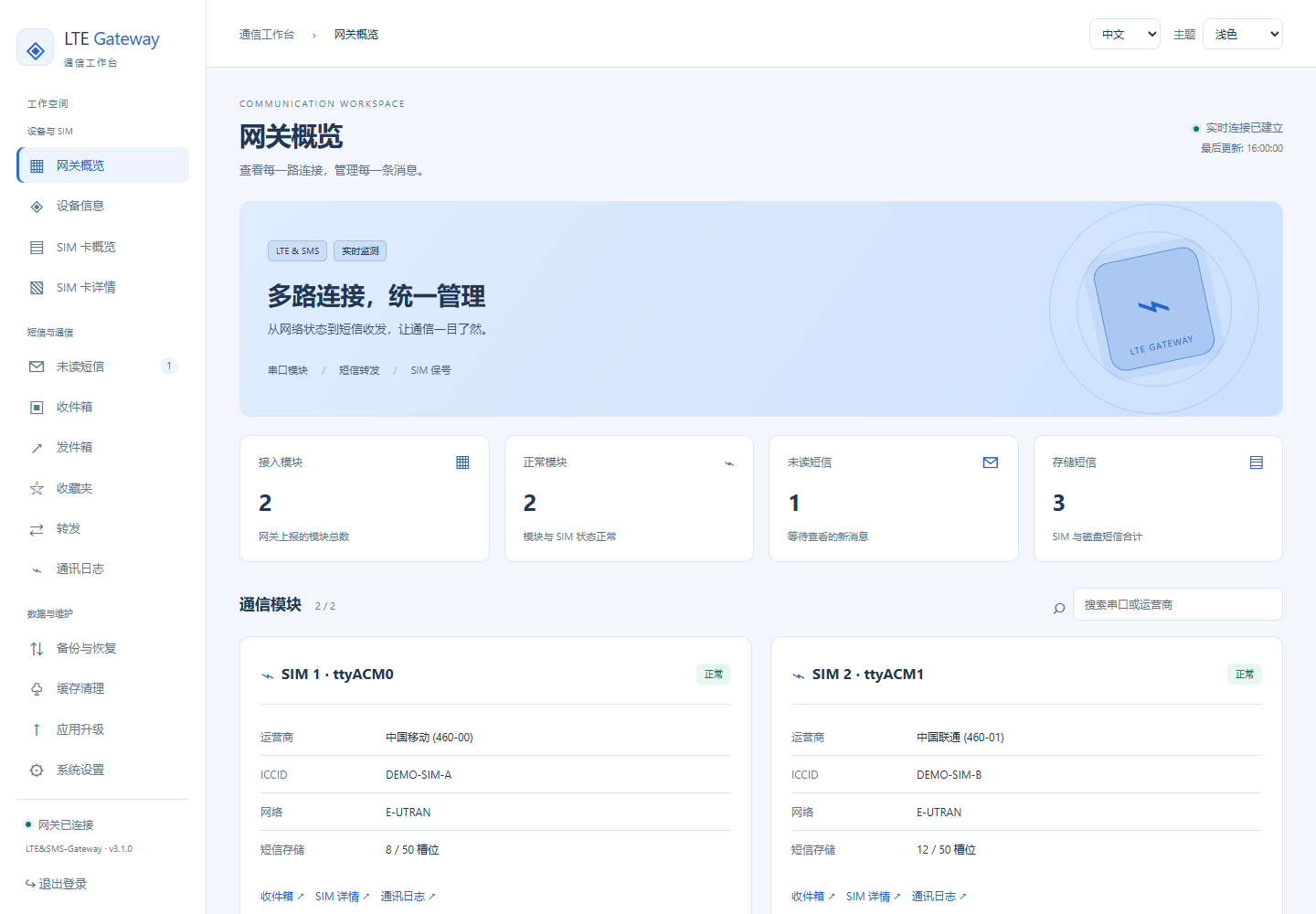 浅色网关概览,使用演示 SIM 数据