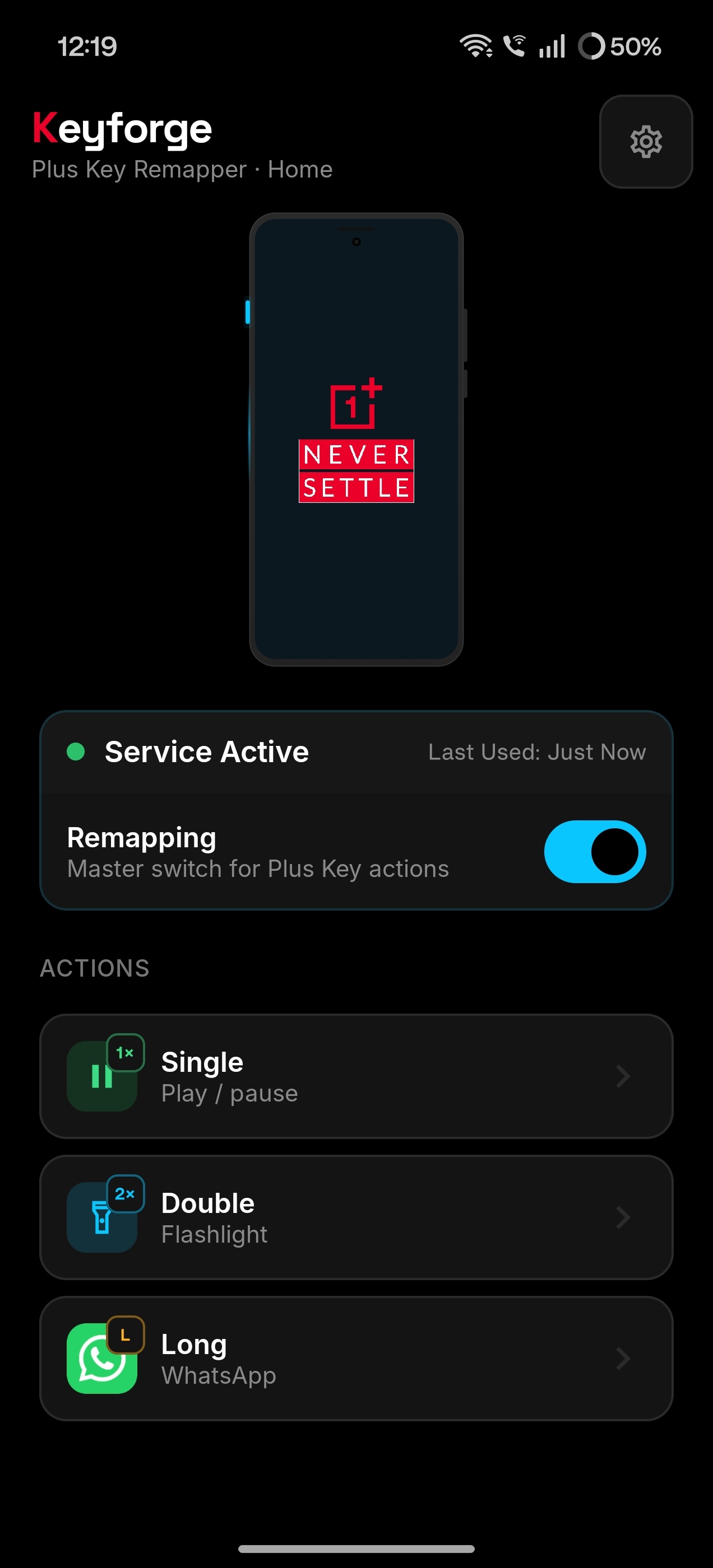 Keyforge Home — Remapping on, Service Active, Single / Double / Long