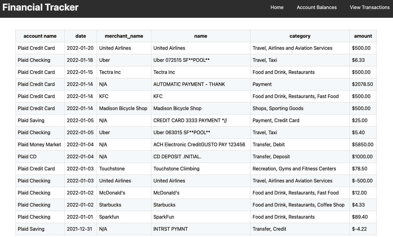 Page that displays all transactions from the last 30 days