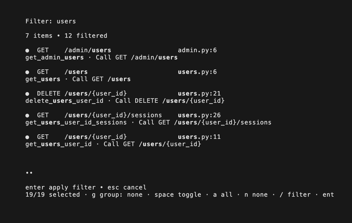 Routes filtered by the word users