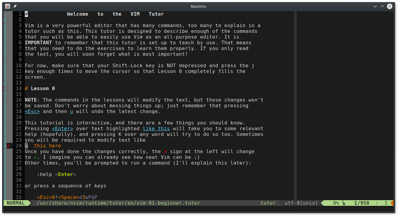 Screenshot of Vim-Tutor in NeoVim-Xterm