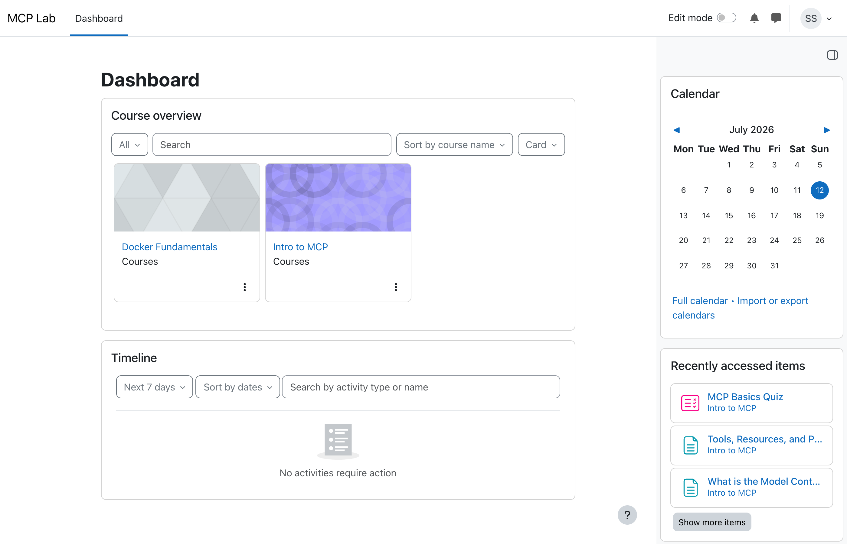 A student's Moodle dashboard showing two enrolled courses