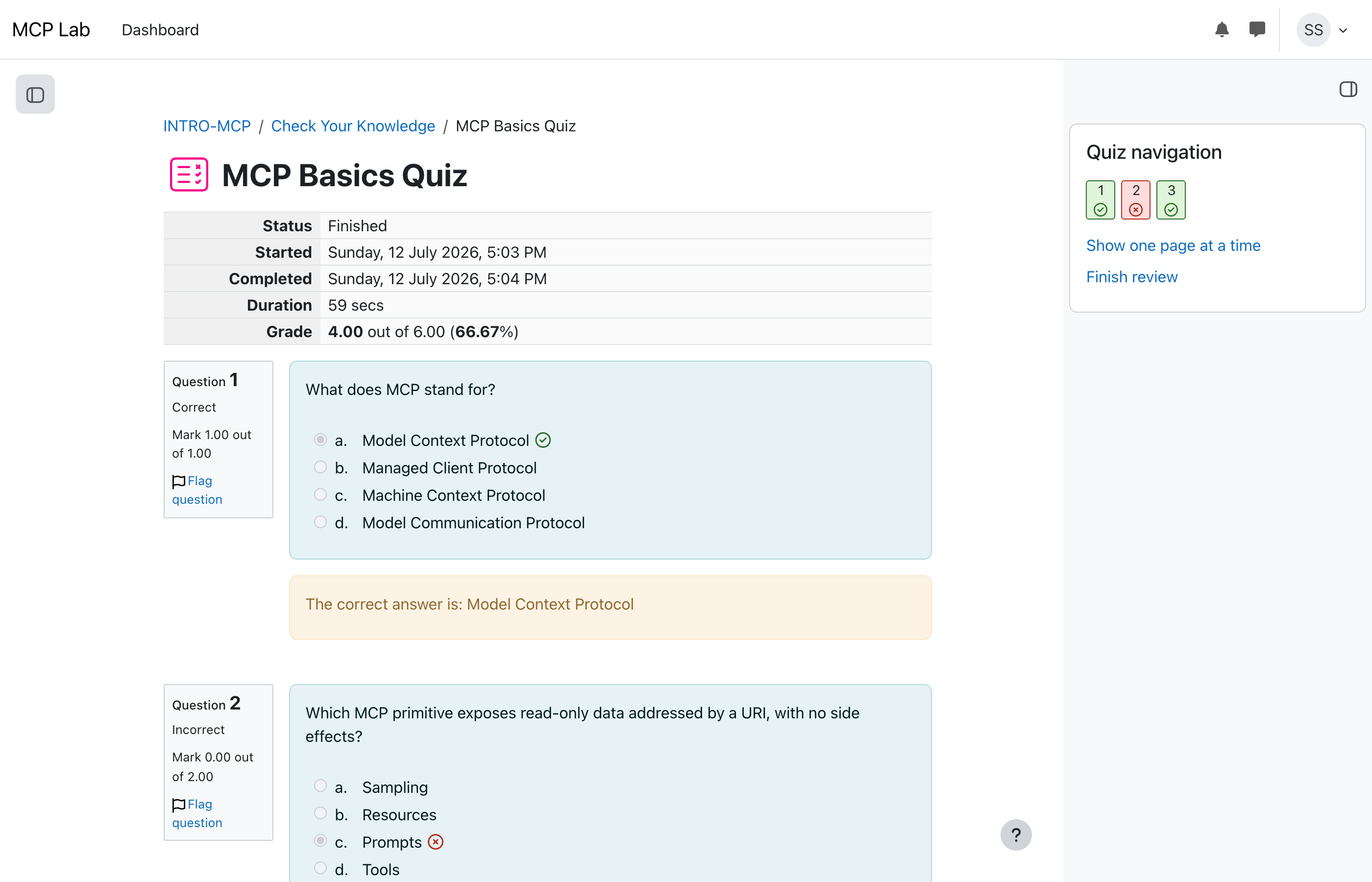 Quiz review showing a grade of 4.00 out of 6.00 with different marks per question