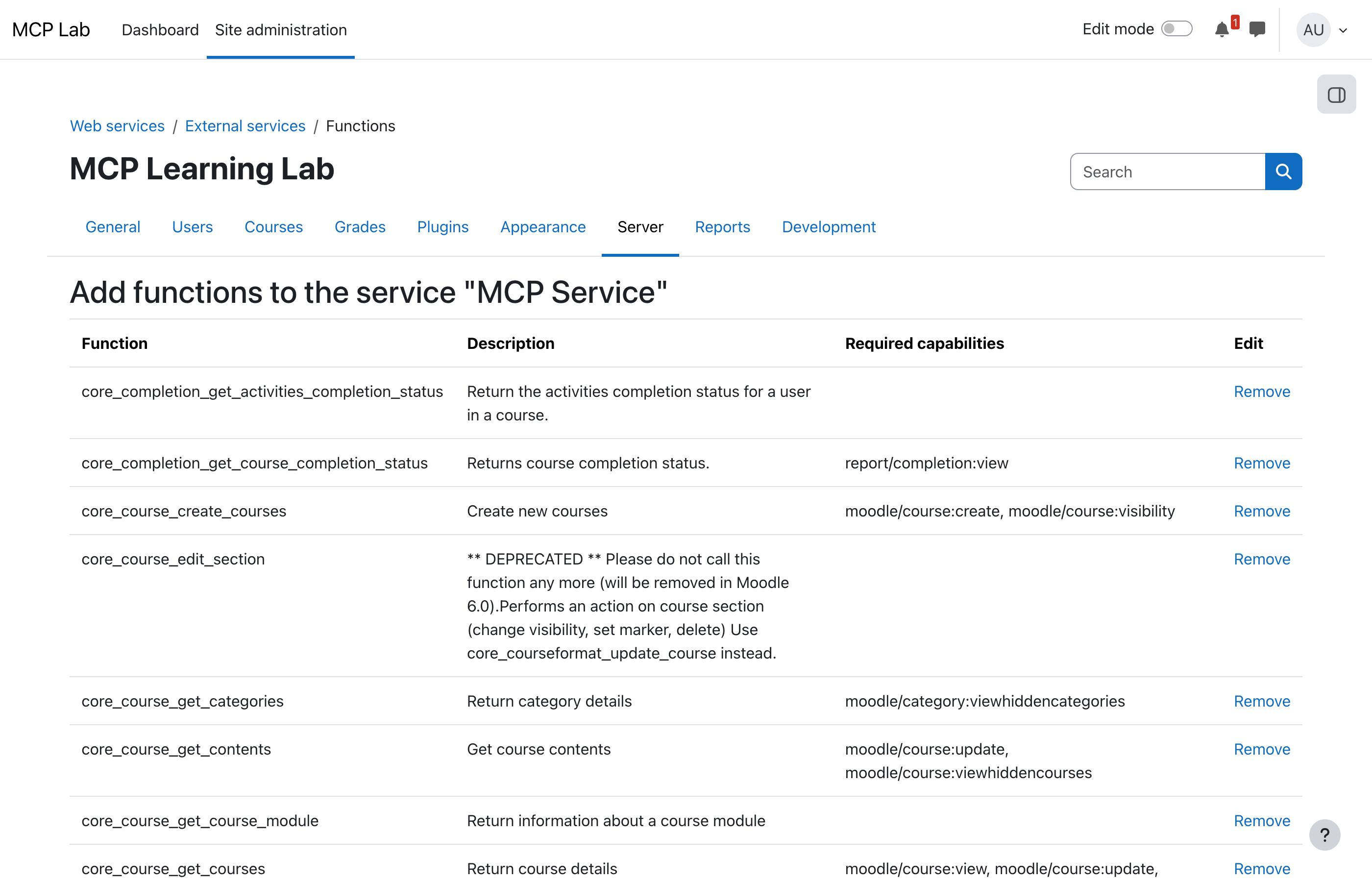 Moodle admin screen listing the functions the API exposes