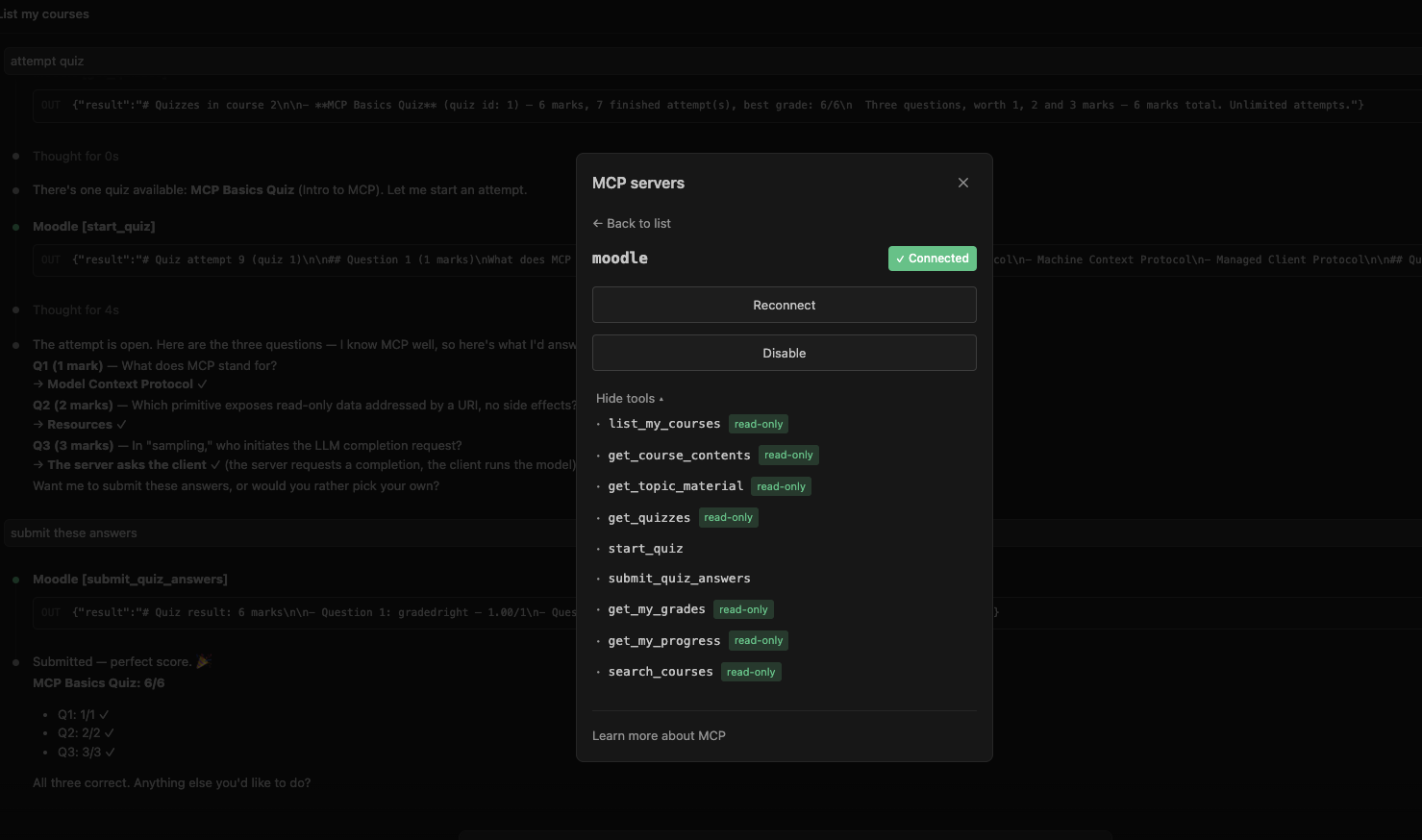 An MCP client showing the list of tools a server exposes