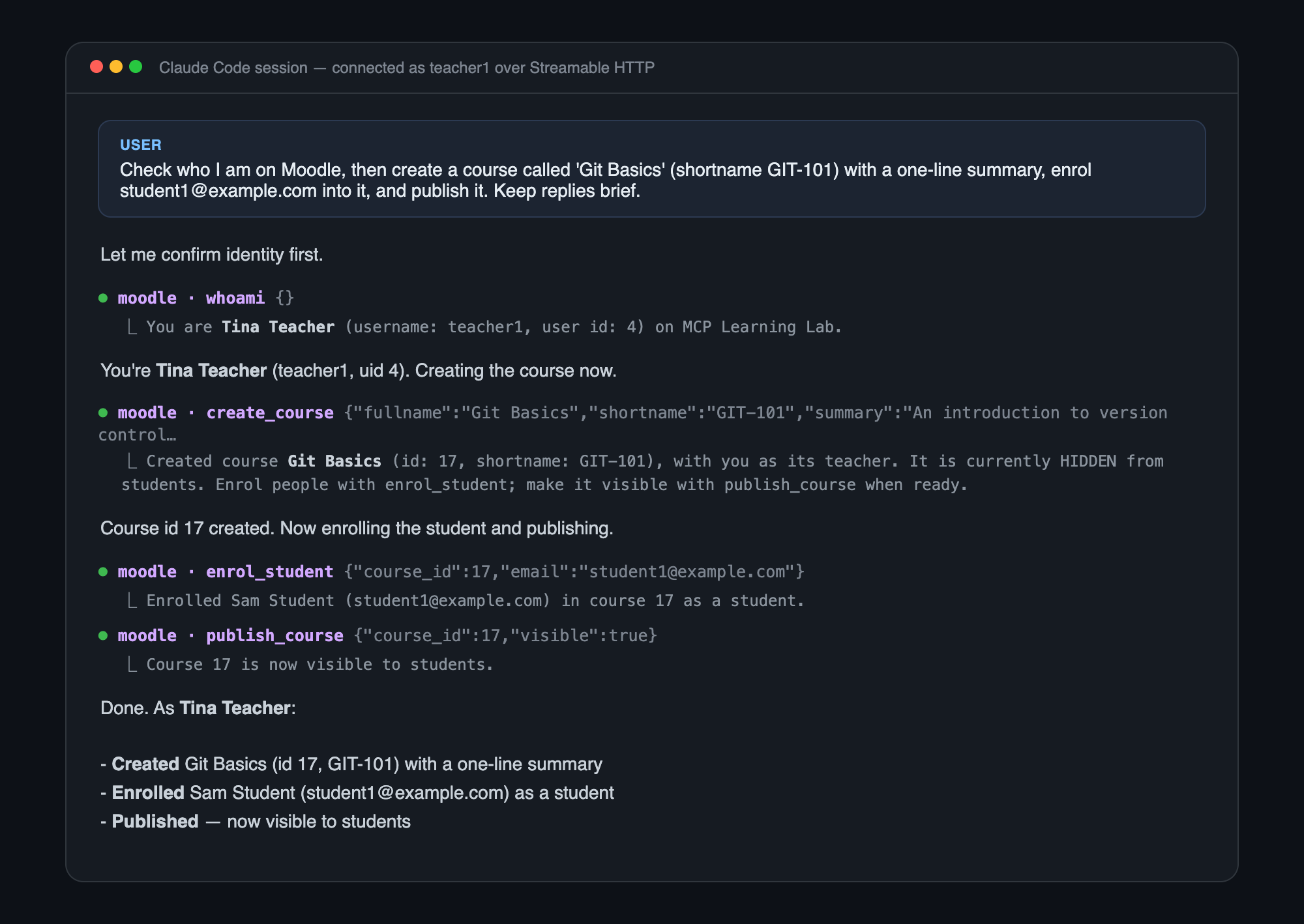 A teacher's AI session creating a course, enrolling a student, publishing, and viewing analytics