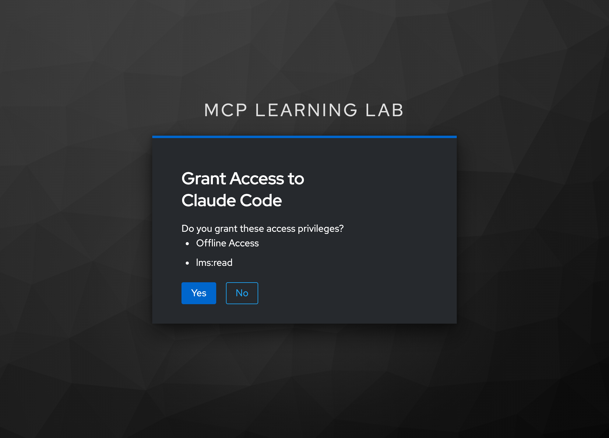 Keycloak consent screen titled Grant Access to Claude Code, listing Offline Access and lms:read, with Yes and No buttons