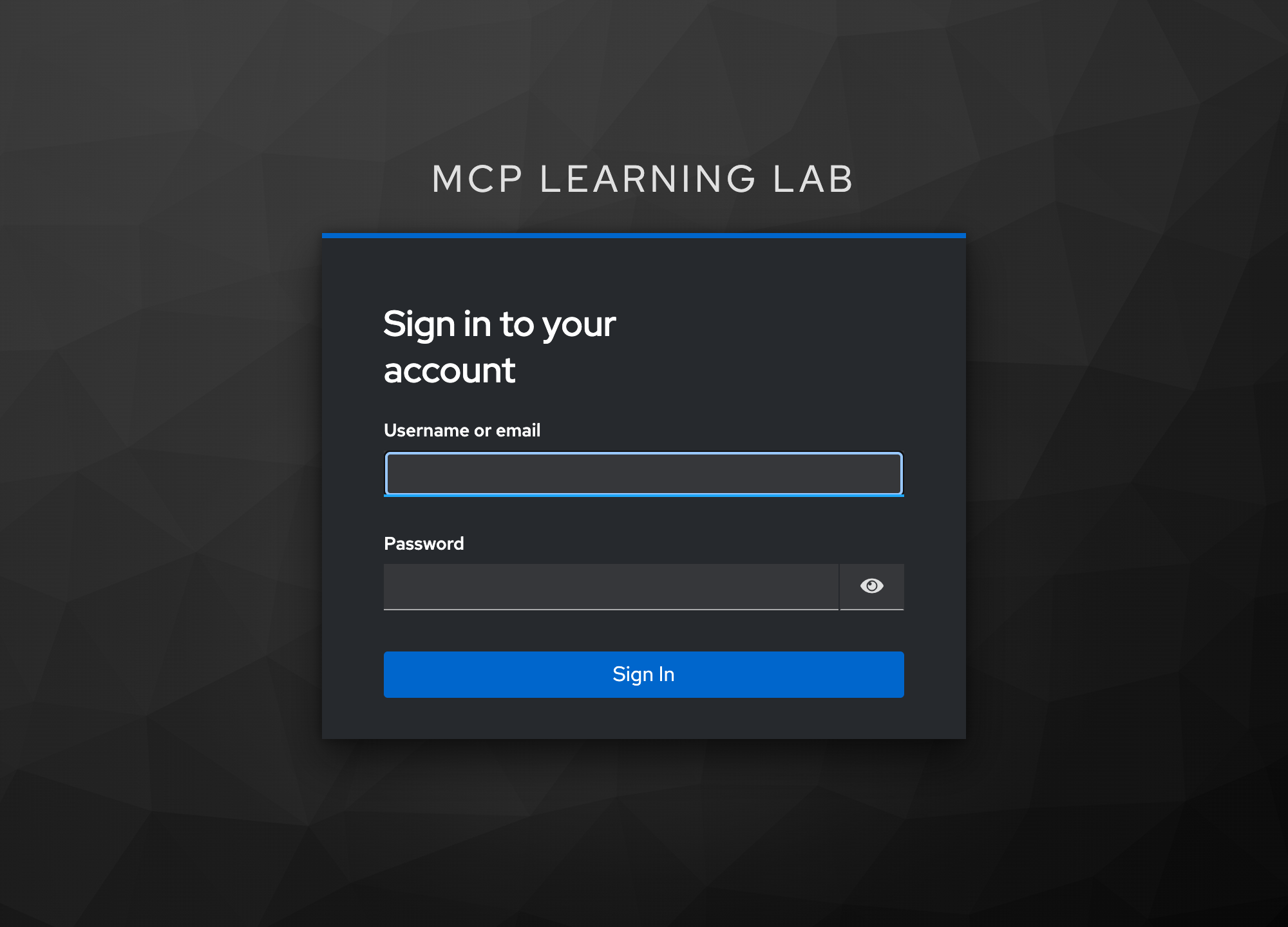 The Keycloak login page for the MCP Learning Lab realm, asking for username and password