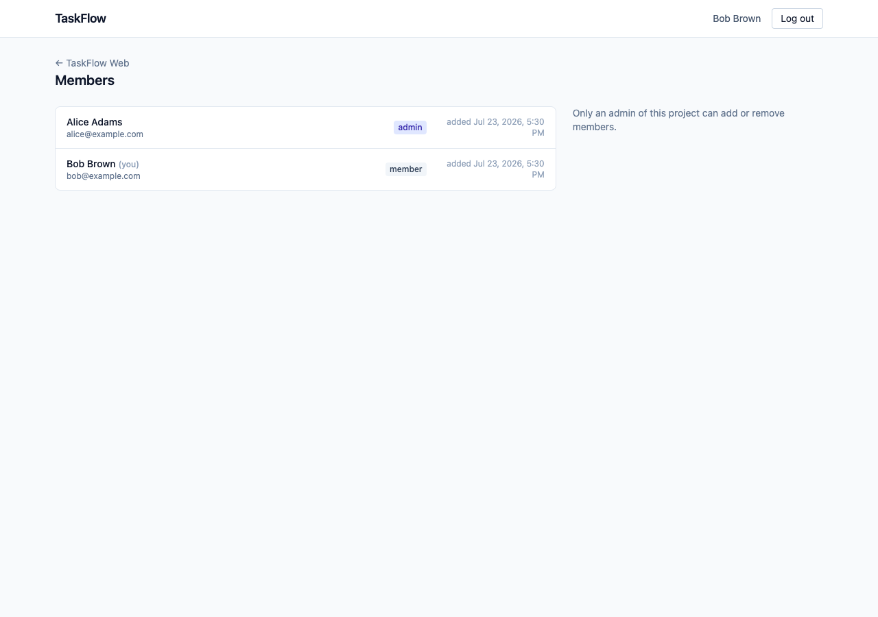 The WEB members page as Bob: the same two members, no Remove buttons, and instead of the add form the text “Only an admin of this project can add or remove members.”
