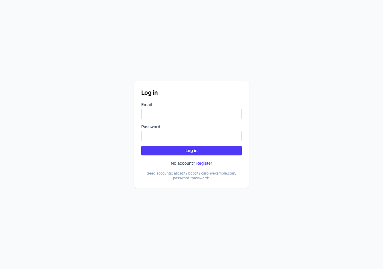 The TaskFlow login form: email, password, a Log in button, and a Register link