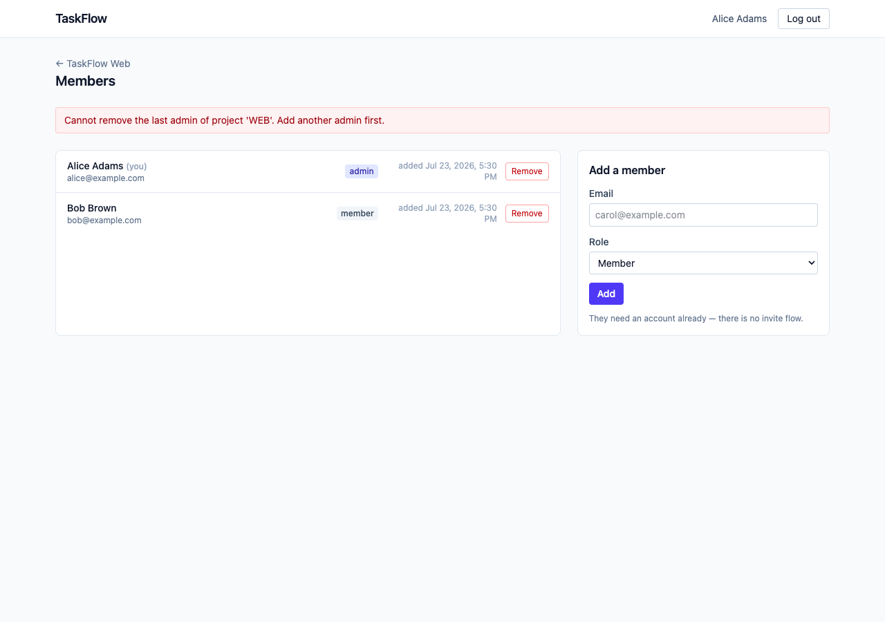 The WEB members page: a red banner reading “Cannot remove the last admin of project 'WEB'. Add another admin first.”, two members (Alice admin, Bob member) each with a Remove button, and an Add a member form