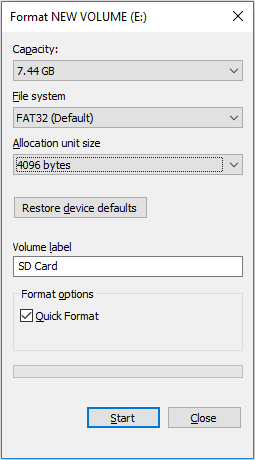 formatting SD card