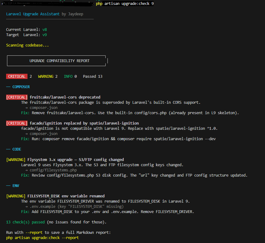 Console output showing upgrade compatibility report