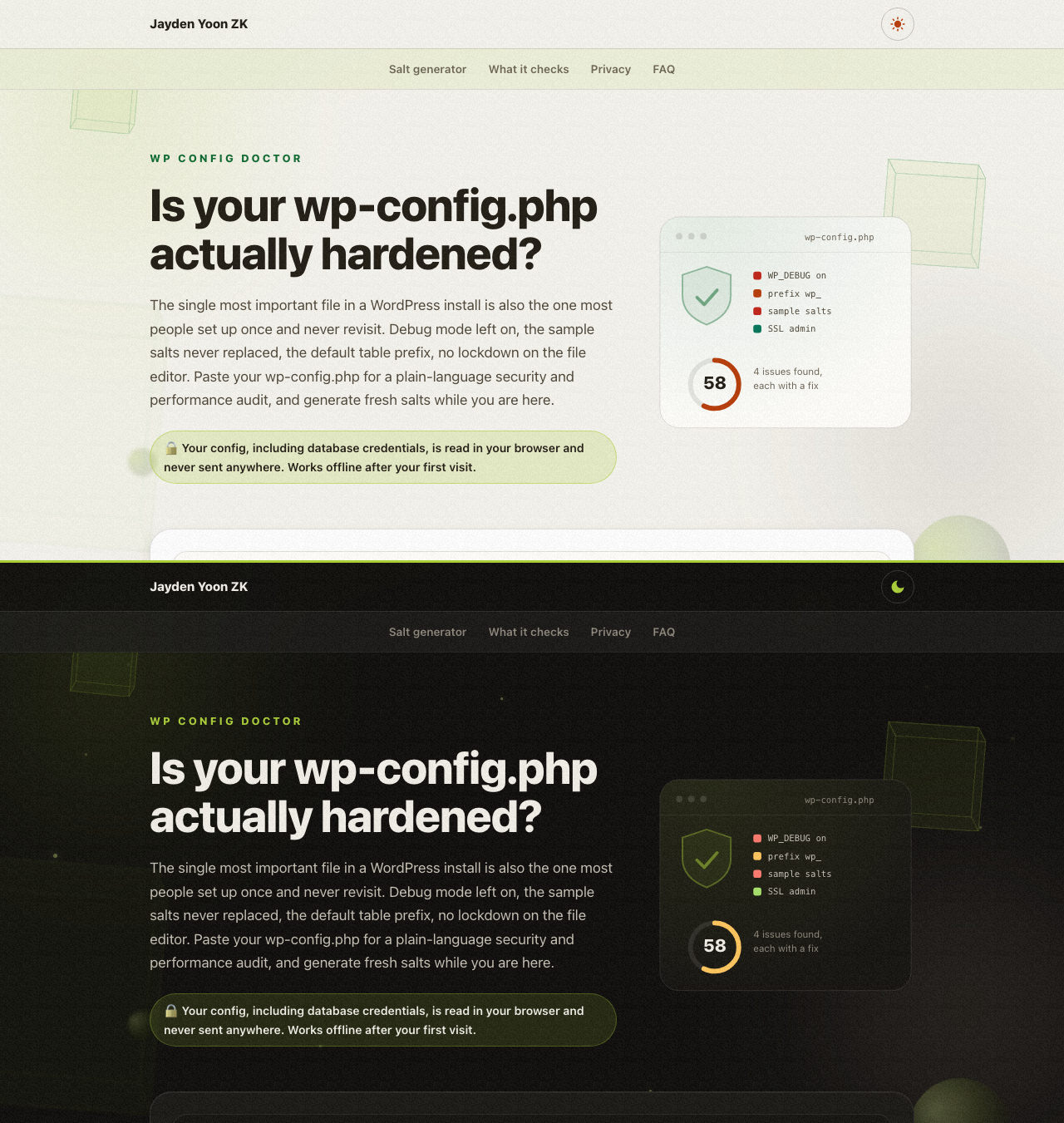WP Config Doctor scoring a sample wp-config.php and listing ranked findings, each with the exact line to fix it