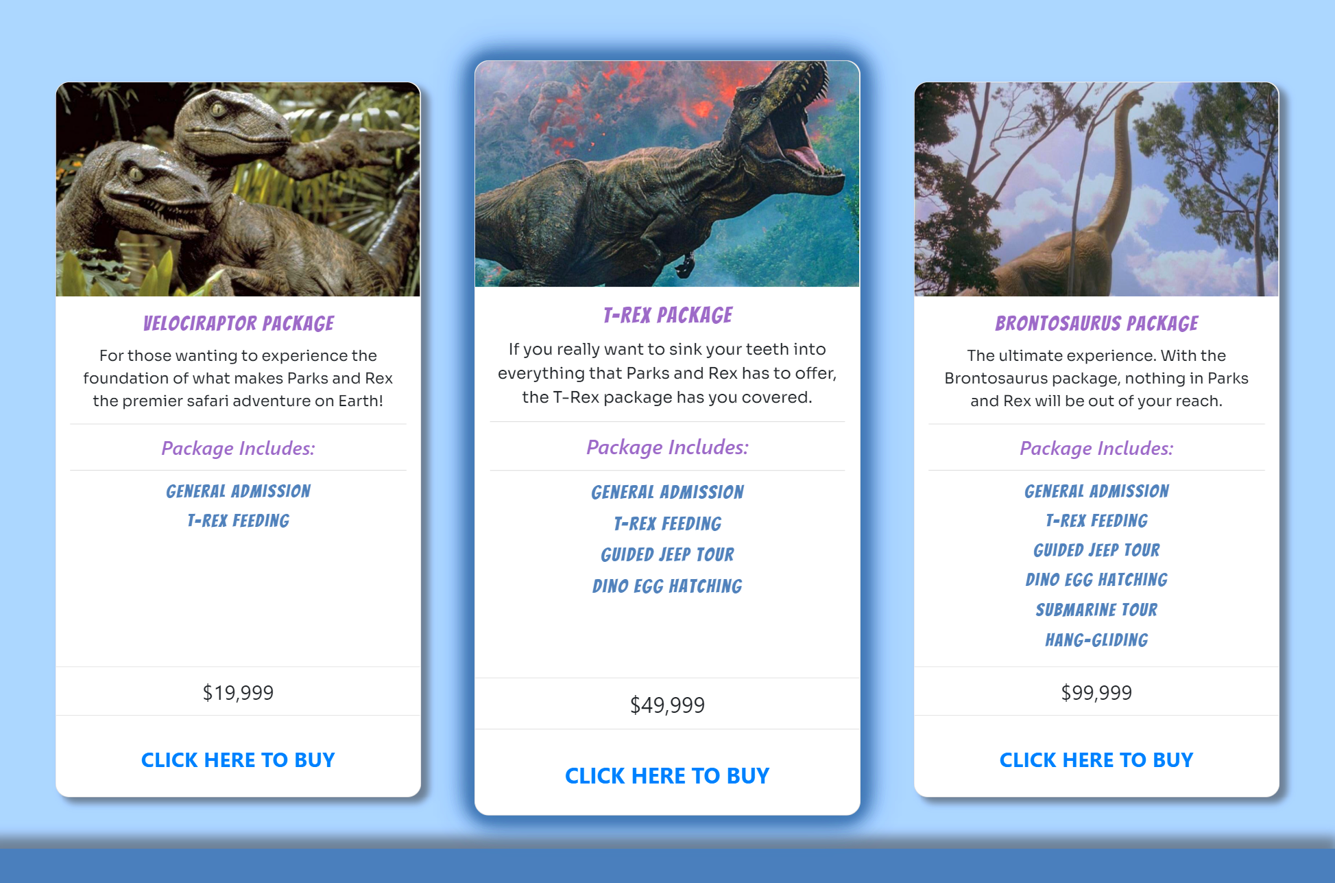 Shop page displaying available packages